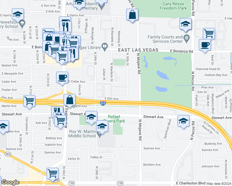 map of restaurants, bars, coffee shops, grocery stores, and more near 2908 East Poplar Avenue in Las Vegas