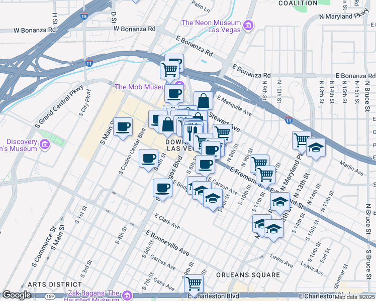 map of restaurants, bars, coffee shops, grocery stores, and more near 107 South Las Vegas Boulevard in Las Vegas
