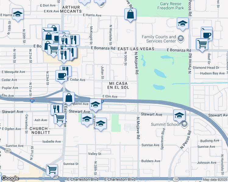 map of restaurants, bars, coffee shops, grocery stores, and more near 2935 East Poplar Avenue in Las Vegas
