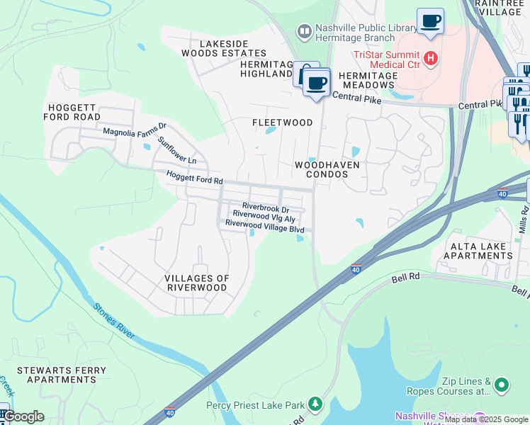 map of restaurants, bars, coffee shops, grocery stores, and more near 1326 Riverbrook Drive in Nashville