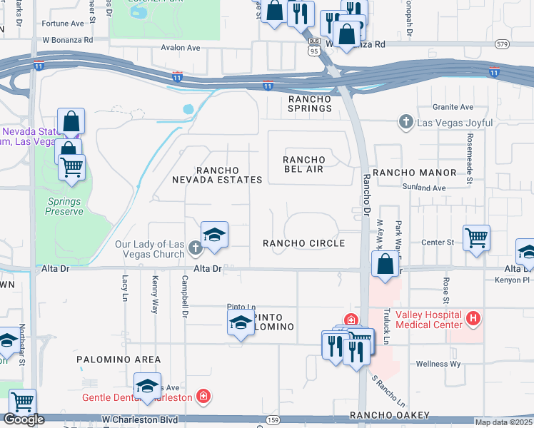map of restaurants, bars, coffee shops, grocery stores, and more near 745 Rancho Circle in Las Vegas