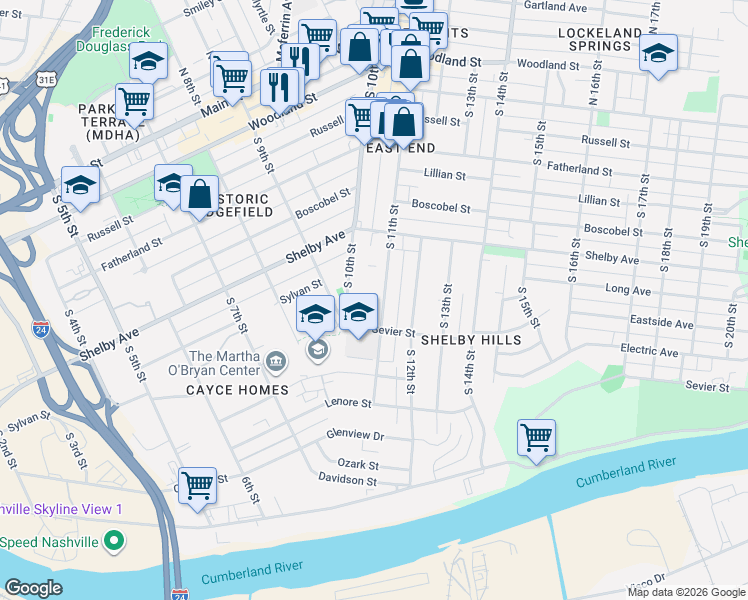 map of restaurants, bars, coffee shops, grocery stores, and more near 601 South 11th Street in Nashville