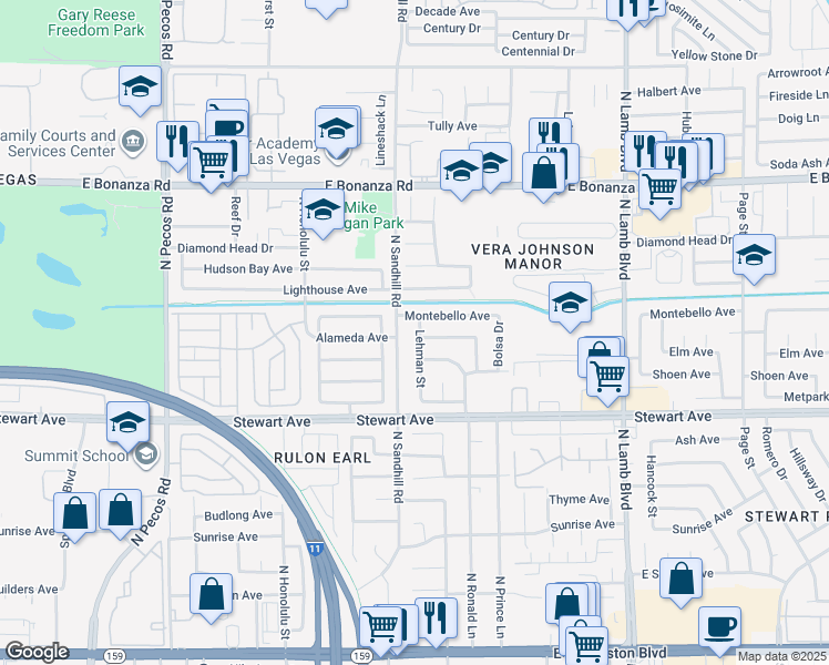 map of restaurants, bars, coffee shops, grocery stores, and more near 4001 Montebello Avenue in Las Vegas