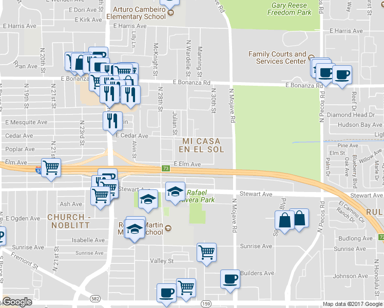 map of restaurants, bars, coffee shops, grocery stores, and more near 2935 East Poplar Avenue in Las Vegas
