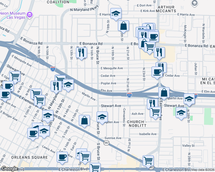 map of restaurants, bars, coffee shops, grocery stores, and more near in Las Vegas