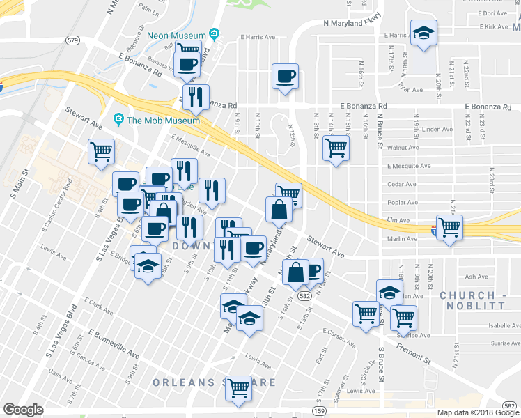 map of restaurants, bars, coffee shops, grocery stores, and more near 319 North 11th Street in Las Vegas