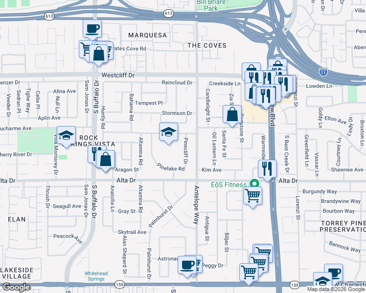 map of restaurants, bars, coffee shops, grocery stores, and more near 304 Pinecliff Drive in Las Vegas