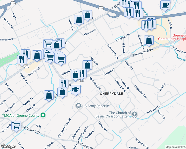 map of restaurants, bars, coffee shops, grocery stores, and more near 1111 Tusculum Boulevard in Greeneville