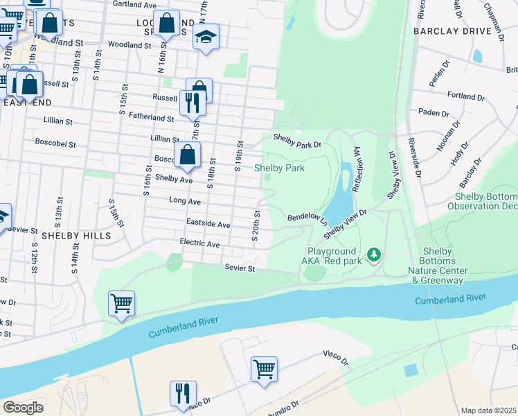 map of restaurants, bars, coffee shops, grocery stores, and more near 1914 Shelby Avenue in Nashville