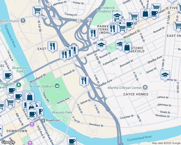 map of restaurants, bars, coffee shops, grocery stores, and more near 234 South 4th Street in Nashville