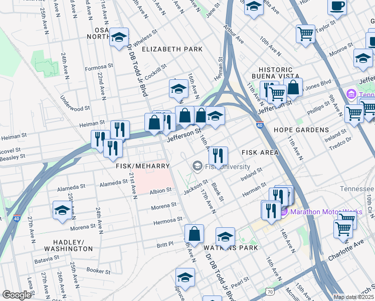 map of restaurants, bars, coffee shops, grocery stores, and more near 1701-1769 Jefferson Street in Nashville