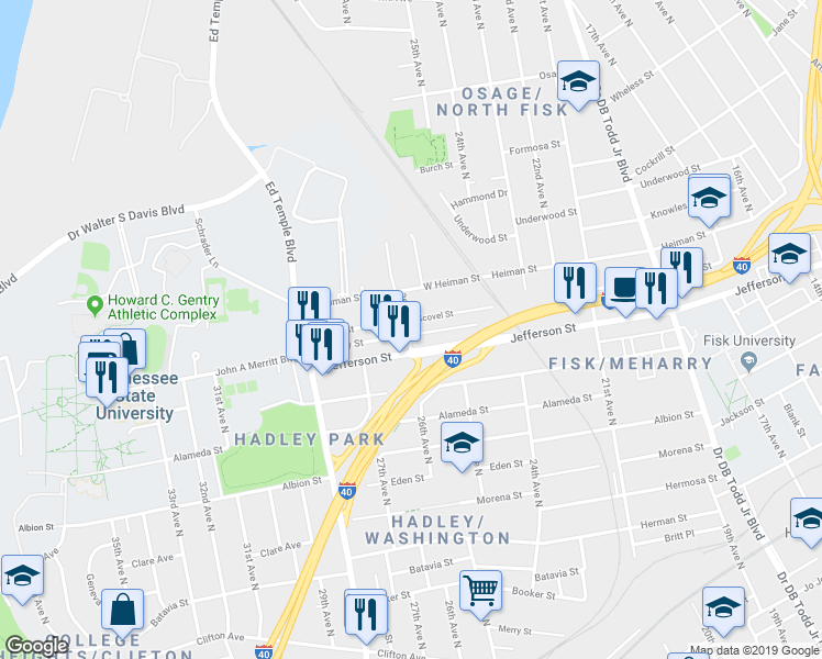 map of restaurants, bars, coffee shops, grocery stores, and more near 2520 Scovel Street in Nashville