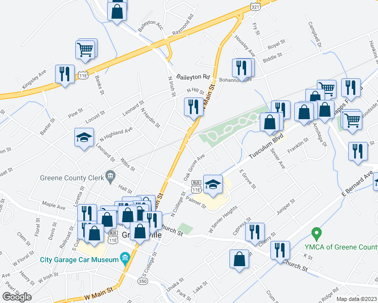 map of restaurants, bars, coffee shops, grocery stores, and more near 102 Montford Avenue in Greeneville
