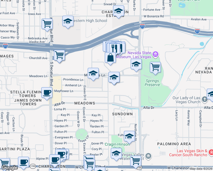 map of restaurants, bars, coffee shops, grocery stores, and more near 324 Bedford Road in Las Vegas