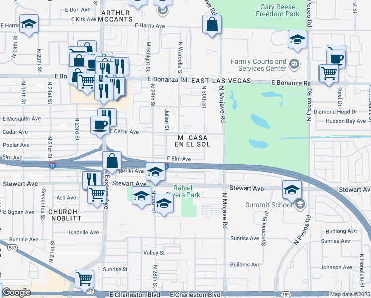 map of restaurants, bars, coffee shops, grocery stores, and more near 2908 East Poplar Avenue in Las Vegas