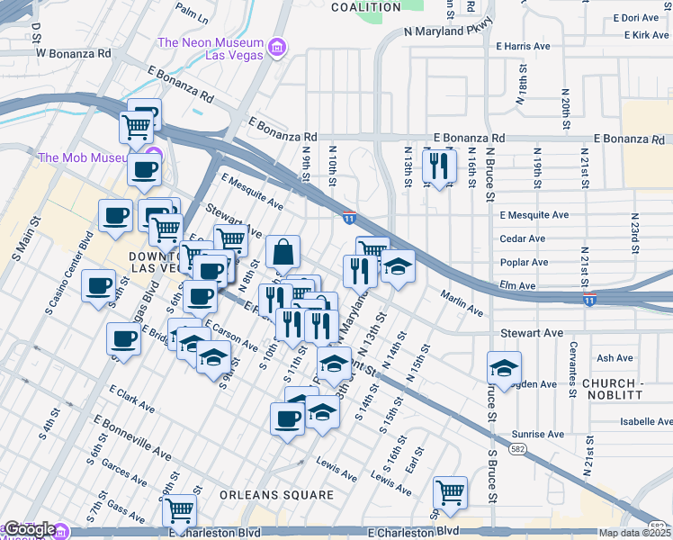 map of restaurants, bars, coffee shops, grocery stores, and more near 1025 Stewart Avenue in Las Vegas