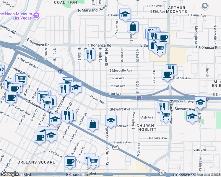 map of restaurants, bars, coffee shops, grocery stores, and more near 1708 Poplar Avenue in Las Vegas