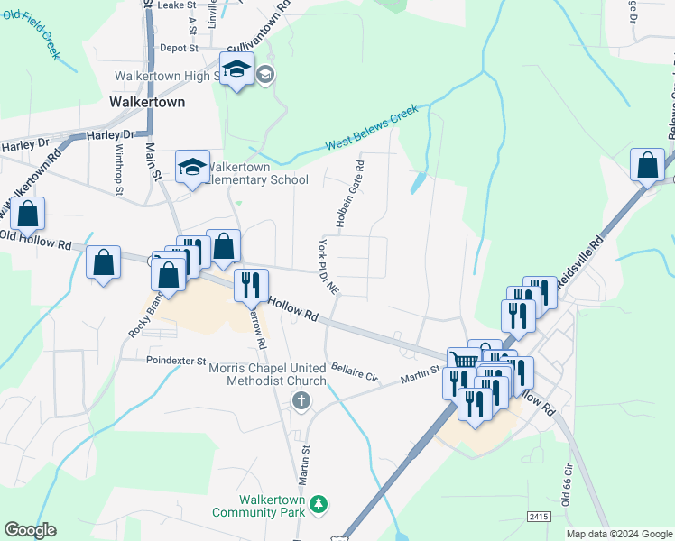 map of restaurants, bars, coffee shops, grocery stores, and more near 5207 York Place Court in Walkertown
