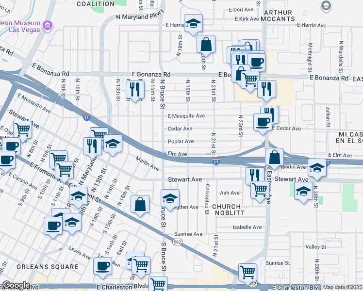 map of restaurants, bars, coffee shops, grocery stores, and more near in Las Vegas