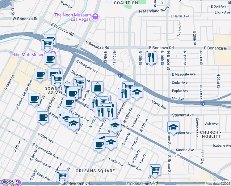 map of restaurants, bars, coffee shops, grocery stores, and more near 311 North 11th Street in Las Vegas
