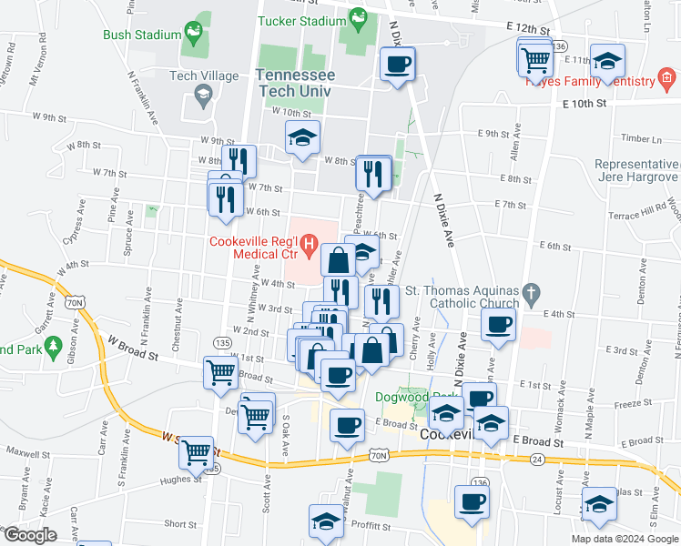 map of restaurants, bars, coffee shops, grocery stores, and more near 427 North Cedar Avenue in Cookeville