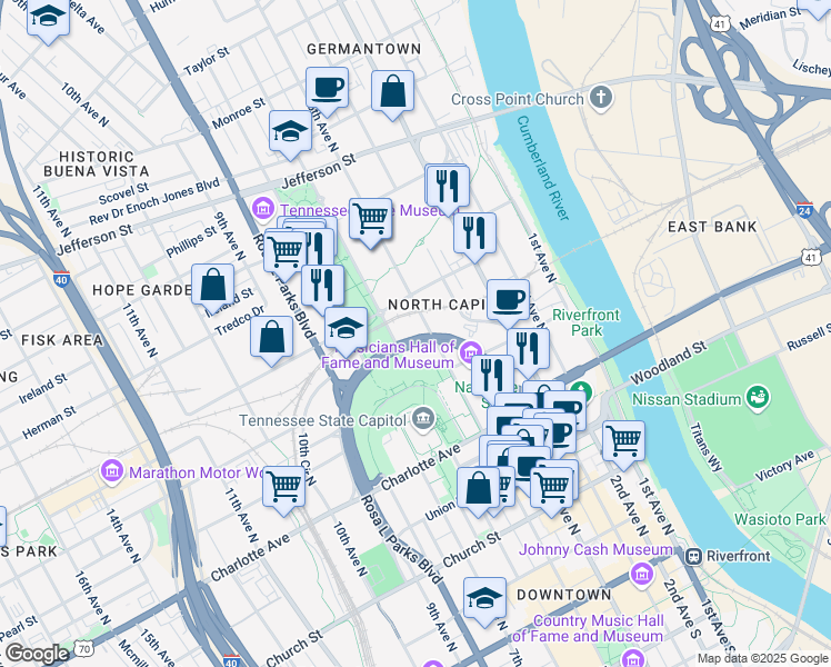 map of restaurants, bars, coffee shops, grocery stores, and more near 500 James Robertson Parkway in Nashville