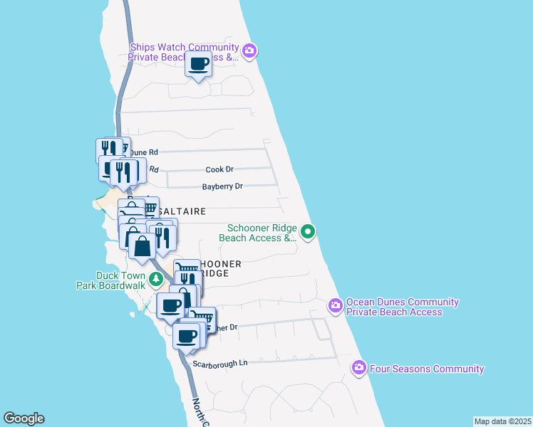 map of restaurants, bars, coffee shops, grocery stores, and more near 139 Marlin Drive in Kitty Hawk