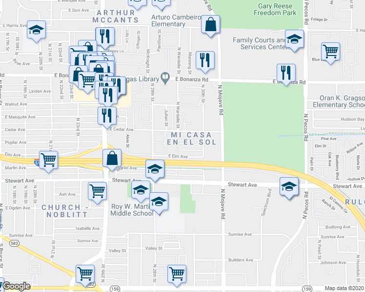 map of restaurants, bars, coffee shops, grocery stores, and more near 2904 Poplar Avenue in Las Vegas