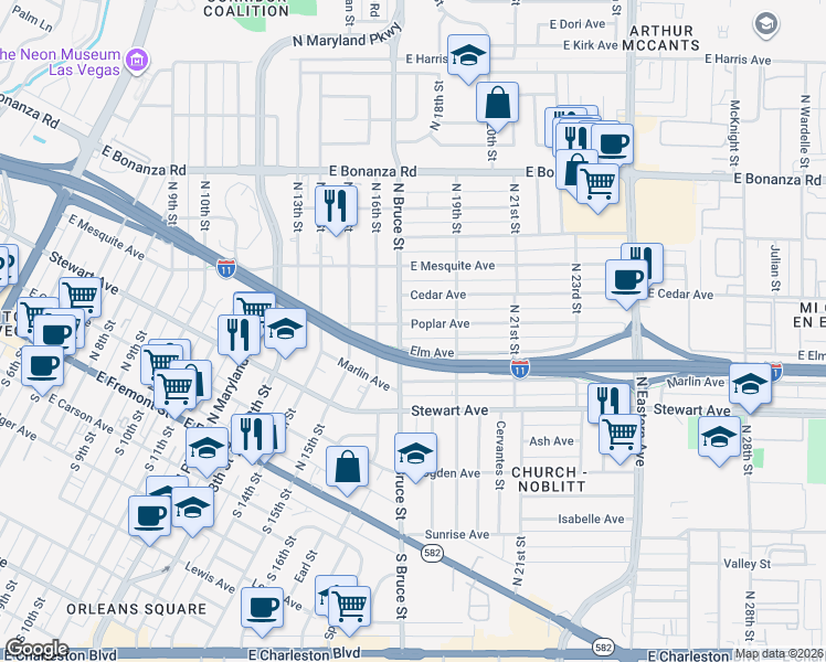 map of restaurants, bars, coffee shops, grocery stores, and more near 1708 Poplar Avenue in Las Vegas
