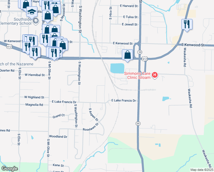 map of restaurants, bars, coffee shops, grocery stores, and more near 1905 Azlin Place in Siloam Springs