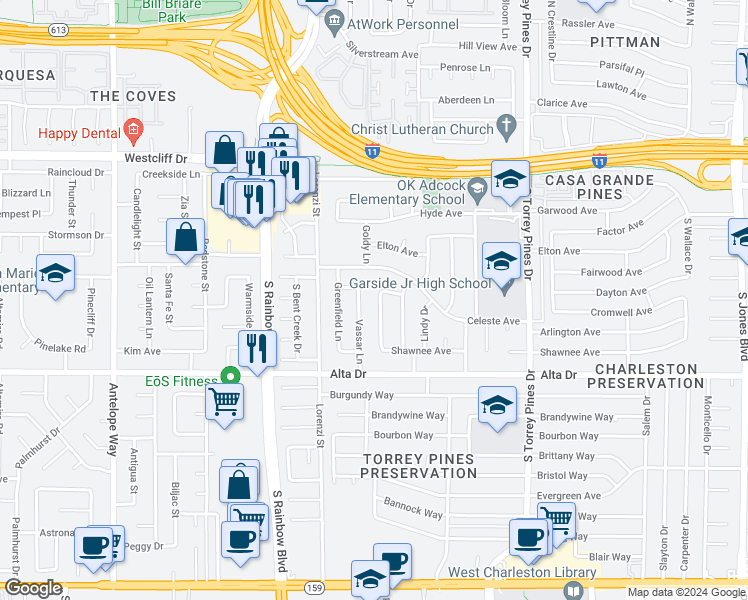 map of restaurants, bars, coffee shops, grocery stores, and more near 308 Davenport Lane in Las Vegas