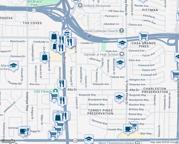 map of restaurants, bars, coffee shops, grocery stores, and more near 308 Davenport Lane in Las Vegas