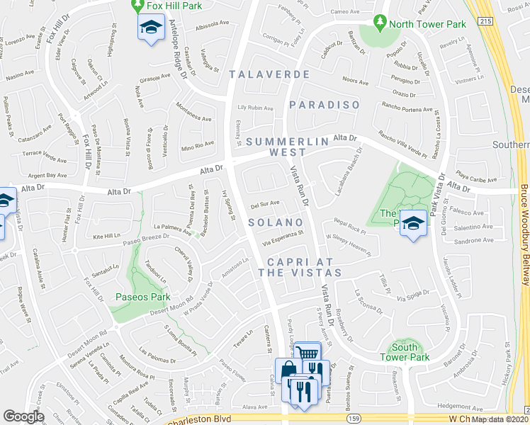 map of restaurants, bars, coffee shops, grocery stores, and more near 11748 Via Vera Cruz Court in Las Vegas