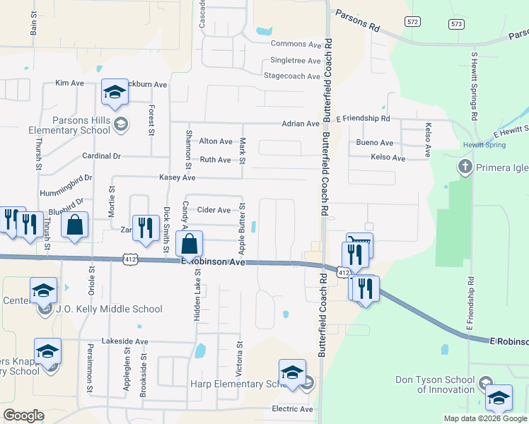 map of restaurants, bars, coffee shops, grocery stores, and more near 1673 Apple Butter St in Springdale