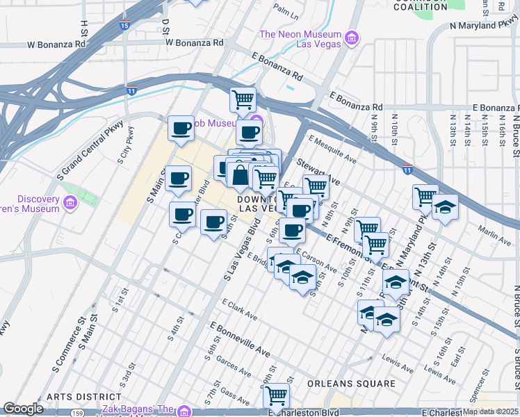 map of restaurants, bars, coffee shops, grocery stores, and more near 2 Las Vegas Boulevard South in Las Vegas