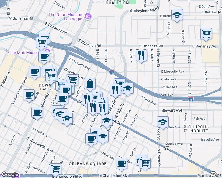 map of restaurants, bars, coffee shops, grocery stores, and more near 319 North 11th Street in Las Vegas