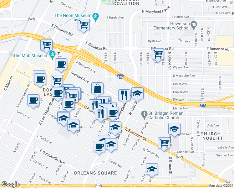 map of restaurants, bars, coffee shops, grocery stores, and more near 319 North 11th Street in Las Vegas