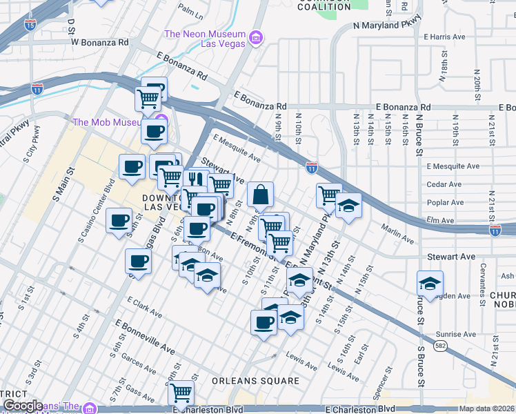 map of restaurants, bars, coffee shops, grocery stores, and more near 223 North 9th Street in Las Vegas