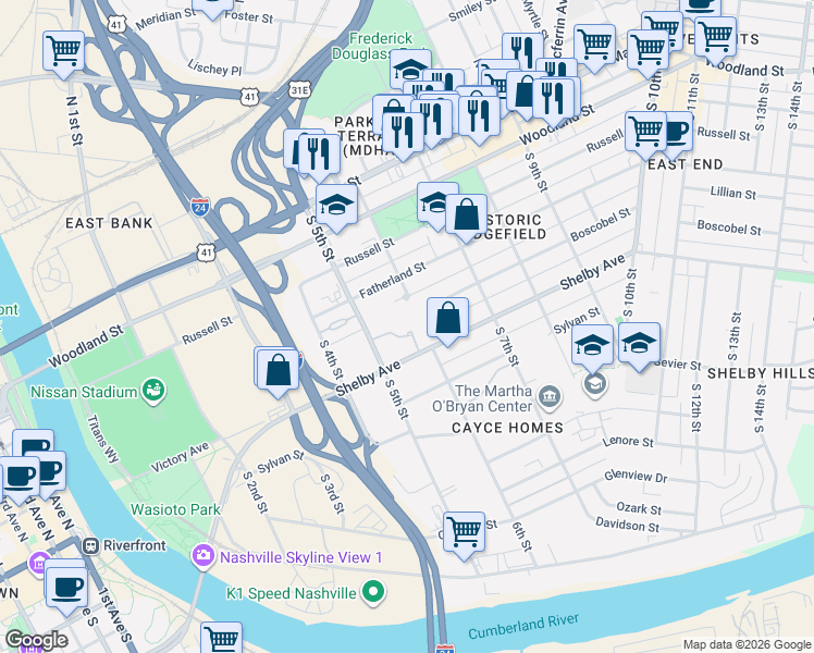 map of restaurants, bars, coffee shops, grocery stores, and more near 525 Shelby Avenue in Nashville