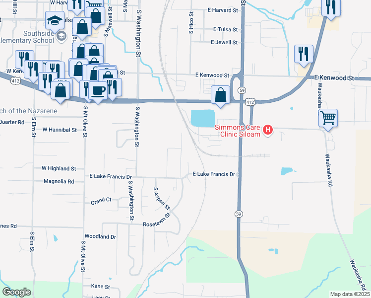 map of restaurants, bars, coffee shops, grocery stores, and more near 1901 Azlin Place in Siloam Springs