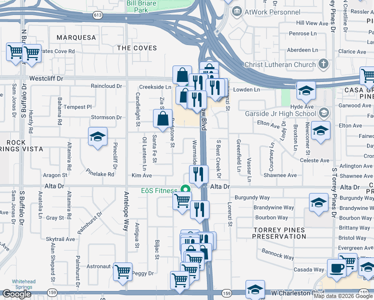 map of restaurants, bars, coffee shops, grocery stores, and more near 313 Warmside Drive in Las Vegas