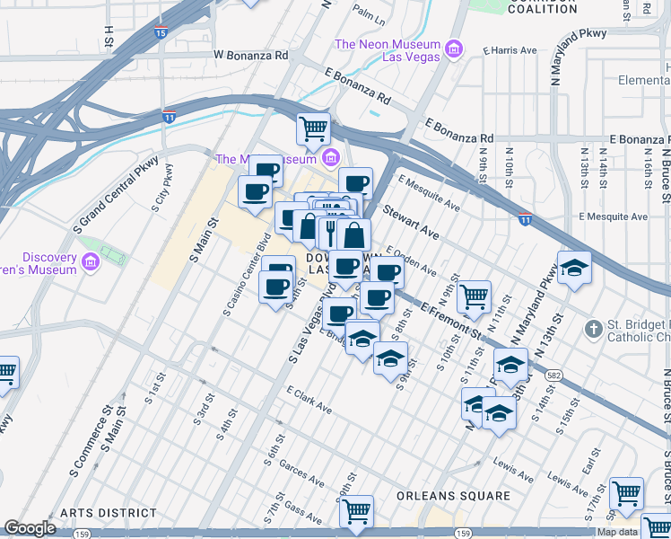 map of restaurants, bars, coffee shops, grocery stores, and more near 26 South Las Vegas Boulevard in Las Vegas