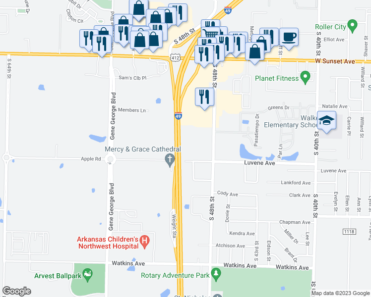 map of restaurants, bars, coffee shops, grocery stores, and more near 5000 Luvene Avenue in Springdale