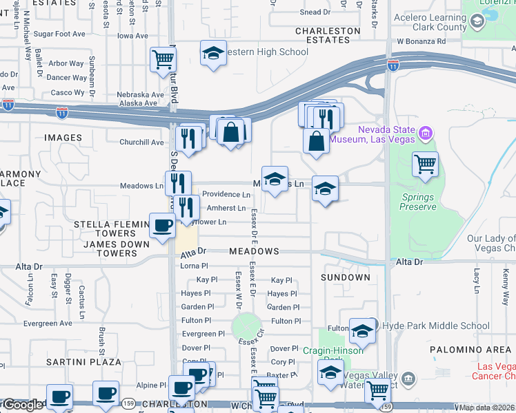 map of restaurants, bars, coffee shops, grocery stores, and more near 324 Essex Drive West in Las Vegas