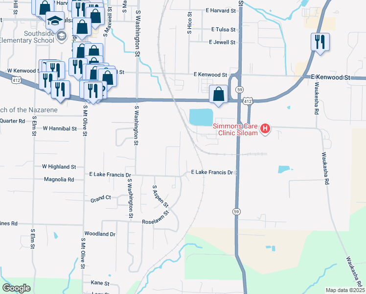 map of restaurants, bars, coffee shops, grocery stores, and more near 1901 Azlin Place in Siloam Springs