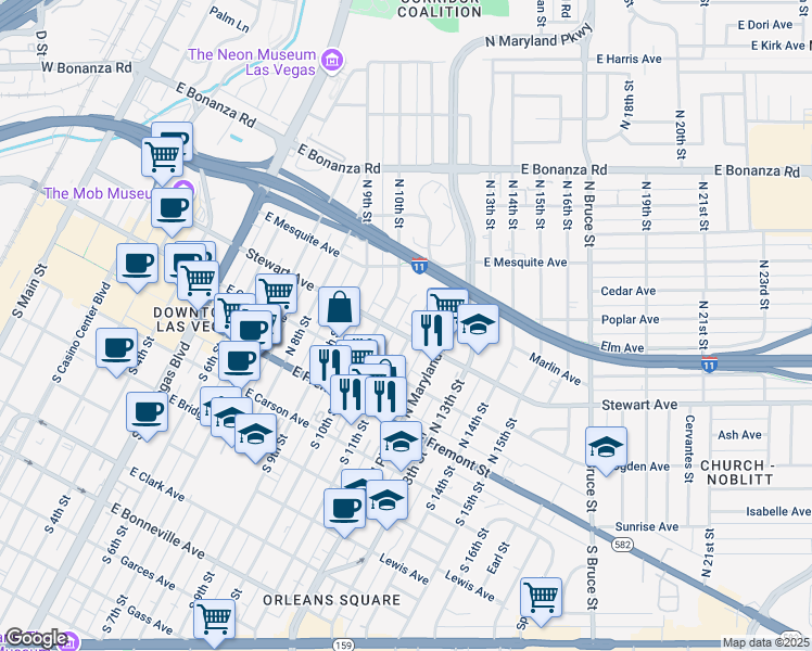 map of restaurants, bars, coffee shops, grocery stores, and more near 319 North 11th Street in Las Vegas