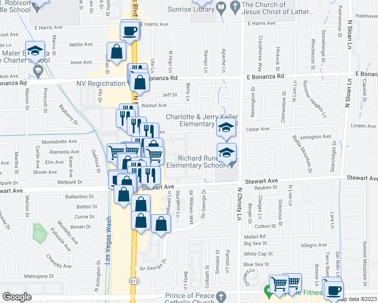 map of restaurants, bars, coffee shops, grocery stores, and more near 5305 Georgeson Court in Las Vegas