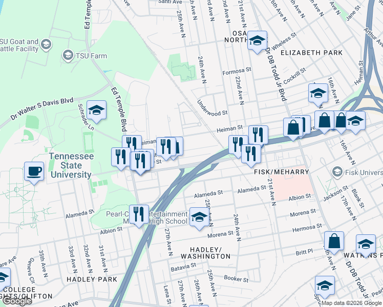 map of restaurants, bars, coffee shops, grocery stores, and more near 2504 Scovel Street in Nashville