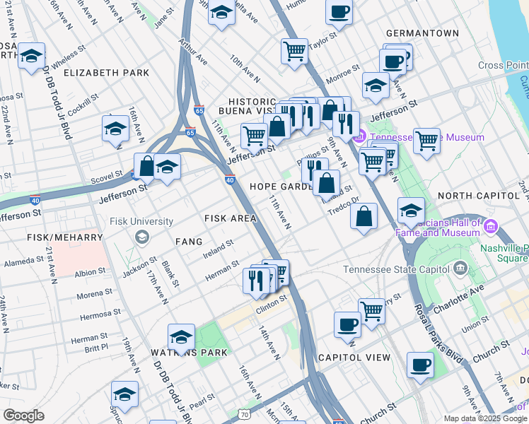 map of restaurants, bars, coffee shops, grocery stores, and more near 930 Morrison Street in Nashville