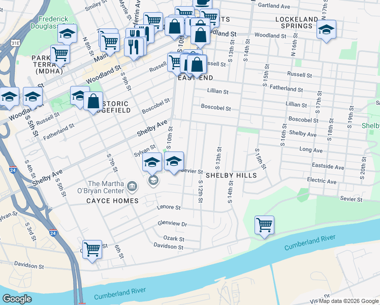 map of restaurants, bars, coffee shops, grocery stores, and more near 601 South 11th Street in Nashville